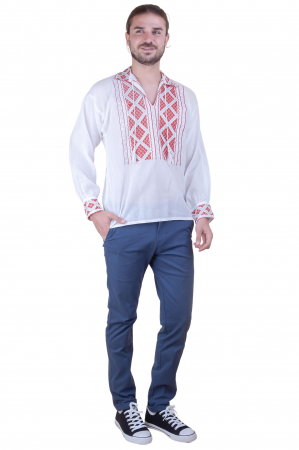 Camasa barbateasca traditionala alba cu motiv geometric rosu Cosmin [4]