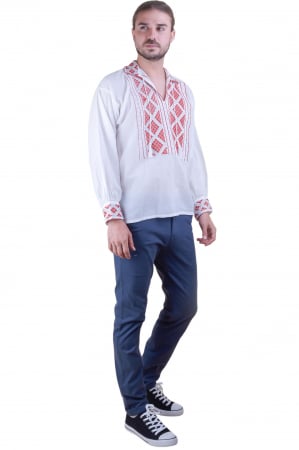 Camasa barbateasca traditionala alba cu motiv geometric rosu Cosmin [1]