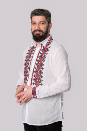 Camasa barbateasca traditionala alba cu motiv geometric rosu Ivan 04 [3]