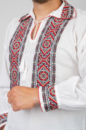 Camasa barbateasca traditionala alba cu motiv geometric rosu Dorian [1]