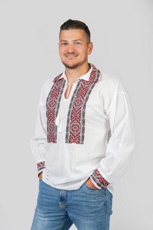 Camasa barbateasca traditionala alba cu motiv geometric rosu Dorian [0]