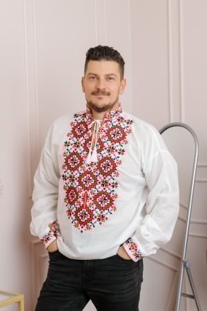 Camasi barbatesti - Camasa barbateasca traditionala alba cu motiv geometric rosu Dorin