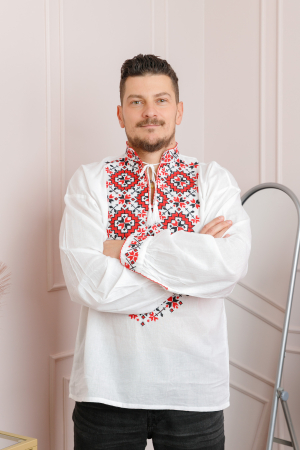 Camasa barbateasca traditionala alba cu motiv geometric rosu Dorin [3]