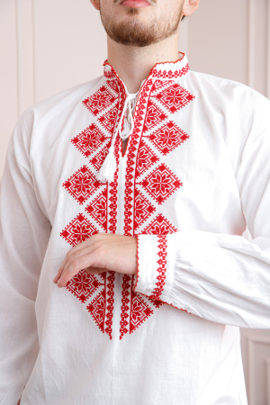 Camasa barbateasca traditionala alba cu motiv geometric rosu Emil 01 [1]