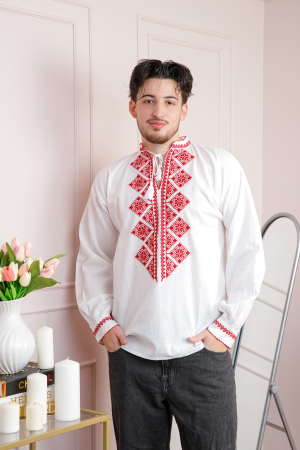 Camasi barbatesti - Camasa barbateasca traditionala alba cu motiv geometric rosu Emil 01