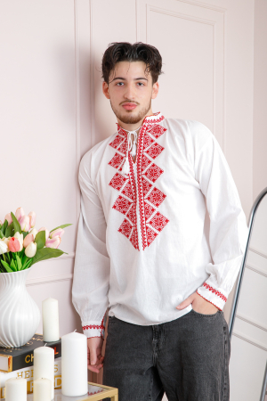 Camasa barbateasca traditionala alba cu motiv geometric rosu Emil 01 [2]