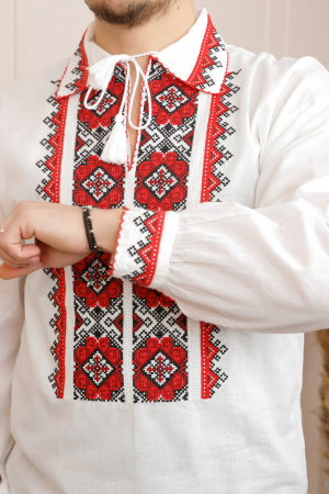Camasa barbateasca traditionala alba cu motiv geometric rosu Iustin [1]