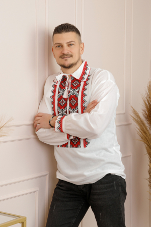 Camasa barbateasca traditionala alba cu motiv geometric rosu Iustin [2]