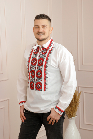 Camasa barbateasca traditionala alba cu motiv geometric rosu Iustin [0]