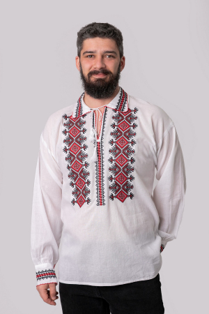Camasa barbateasca traditionala alba cu motiv geometric rosu Ivan 01 [3]
