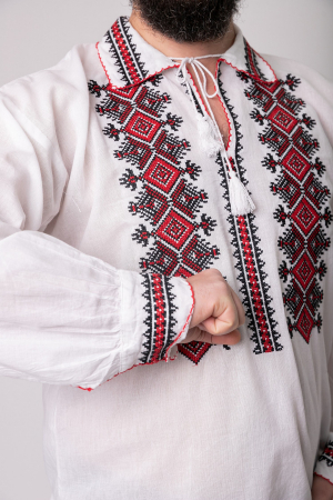 Camasa barbateasca traditionala alba cu motiv geometric rosu Ivan 01 [1]