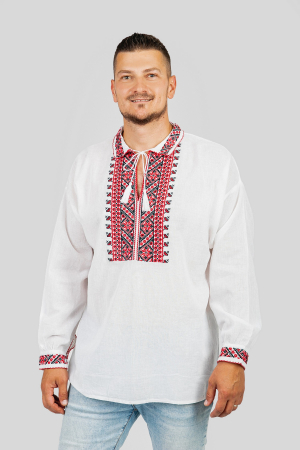 Camasa barbateasca traditionala alba cu motiv geometric rosu Pavel 01 [3]