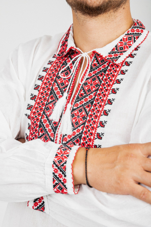 Camasa barbateasca traditionala alba cu motiv geometric rosu Pavel 01 [1]