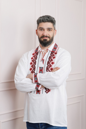 Camasa barbateasca traditionala alba cu motiv geometric rosu Petru 06 [2]