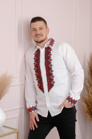 Camasa barbateasca traditionala alba cu motiv geometric rosu Petru 07 [2]
