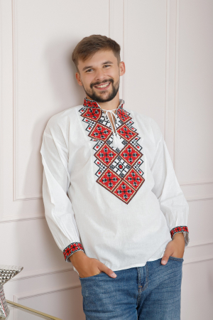 Camasa barbateasca traditionala alba cu motiv geometric rosu Raul [0]