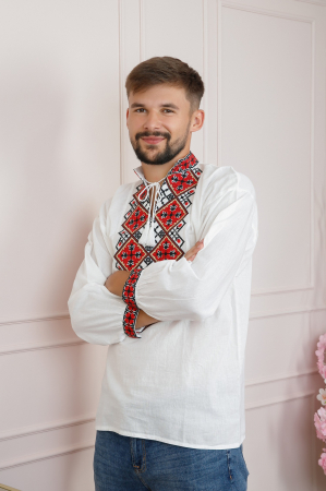 Camasa barbateasca traditionala alba cu motiv geometric rosu Raul [3]