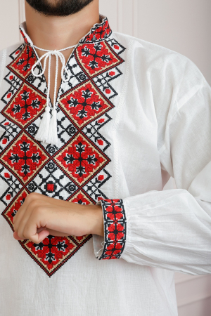 Camasa barbateasca traditionala alba cu motiv geometric rosu Raul [1]