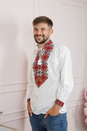 Camasa barbateasca traditionala alba cu motiv geometric rosu Raul [2]