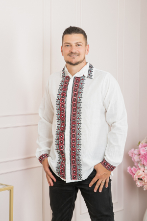 Camasa barbateasca traditionala alba cu motiv geometric rosu Razvan 01 [3]