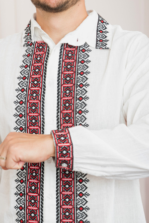 Camasa barbateasca traditionala alba cu motiv geometric rosu Razvan 01 [1]
