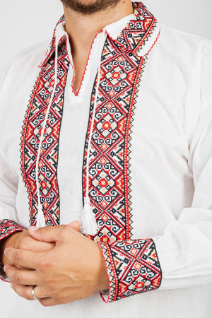 Camasa barbateasca traditionala alba cu motiv geometric rosu Toma 01 [1]