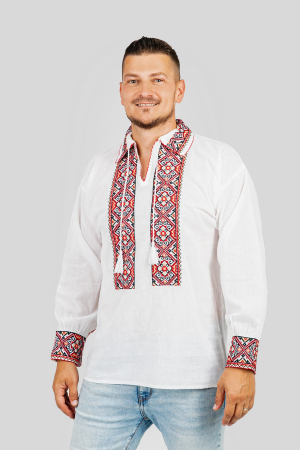 Camasa barbateasca traditionala alba cu motiv geometric rosu Toma 01 [3]