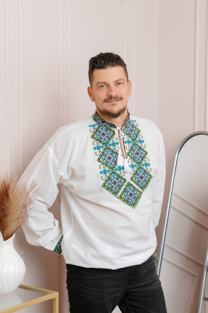 Camasa barbateasca traditionala alba cu motiv geometric turcoaz Andreas [3]