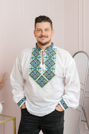 Camasa barbateasca traditionala alba cu motiv geometric turcoaz Andreas [2]