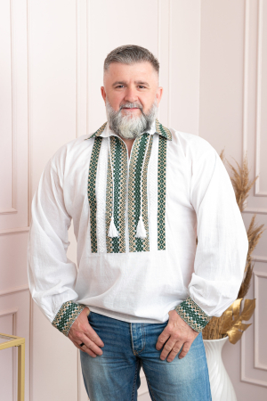 Camasi barbatesti - Camasa barbateasca traditionala alba cu motiv geometric verde Horia 03