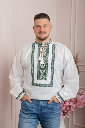 Camasi barbatesti - Camasa barbateasca traditionala alba cu motiv geometric verde Matei