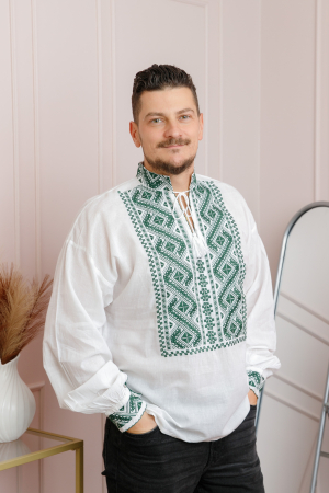 Camasi barbatesti - Camasa barbateasca traditionala alba cu motiv geometric verde Sebastian 01