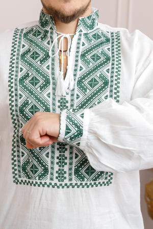 Camasa barbateasca traditionala alba cu motiv geometric verde Sebastian 01 [1]