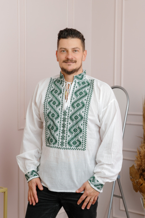 Camasa barbateasca traditionala alba cu motiv geometric verde Sebastian 01 [3]