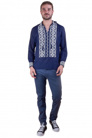 Camasa barbateasca traditionala albastra cu motiv floral alb Bogdan 02 [4]