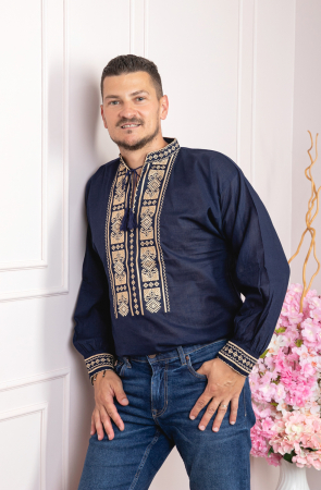 Camasi barbatesti - Camasa barbateasca traditionala albastra cu motiv geometric auriu Robert 02