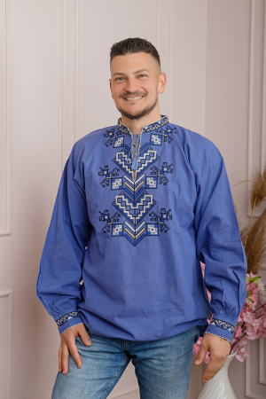 Camasi barbatesti - Camasa barbateasca traditionala albastra cu motiv geometric crem Eduard 04