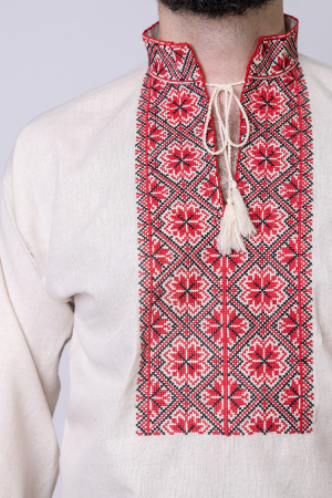 Camasa barbateasca traditionala crem cu motiv floral rosu Ernest [1]