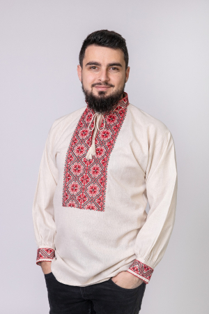 Camasa barbateasca traditionala crem cu motiv floral rosu Ernest [0]