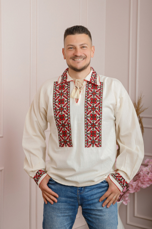 Camasi barbatesti - Camasa barbateasca traditionala crem cu motiv floral rosu Iosif 02