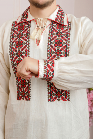 Camasa barbateasca traditionala crem cu motiv floral rosu Iosif 02 [1]