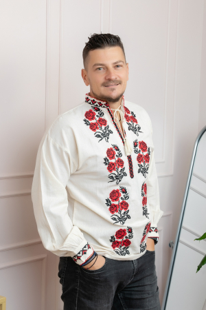 Camasa barbateasca traditionala crem cu motiv floral rosu Matias [2]