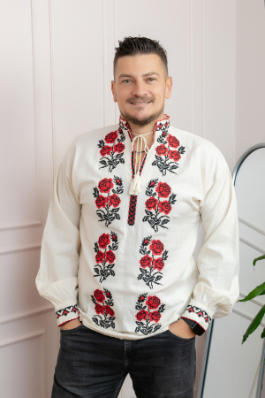 Camasi barbatesti - Camasa barbateasca traditionala crem cu motiv floral rosu Matias