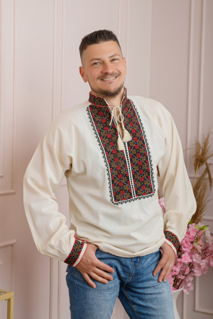 Camasi barbatesti - Camasa barbateasca traditionala crem cu motiv floral rosu Radu