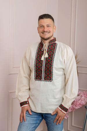 Camasa barbateasca traditionala crem cu motiv floral rosu Radu [2]