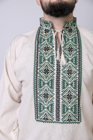 Camasa barbateasca traditionala crem cu motiv floral verde Paul 02 [1]