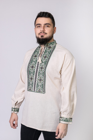Camasa barbateasca traditionala crem cu motiv floral verde Paul 02 [3]