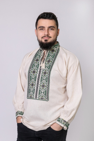 Camasa barbateasca traditionala crem cu motiv floral verde Paul 02 [0]