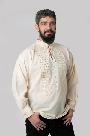 Camasi barbatesti - Camasa barbateasca traditionala crem cu motiv geometric auriu Iacob 02
