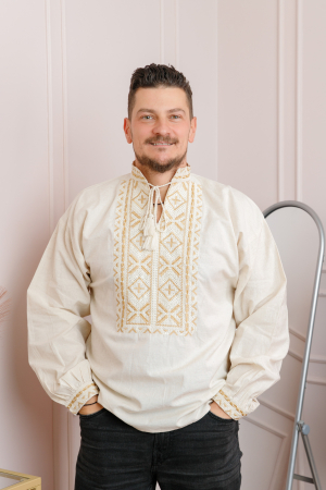 Camasa barbateasca traditionala crem cu motiv geometric auriu Silviu 02 [3]